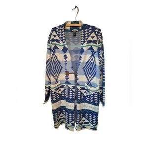 Oliver O Blue & Cream Geometric Open-Front Cardigan Aztec Southwestern Sweater M